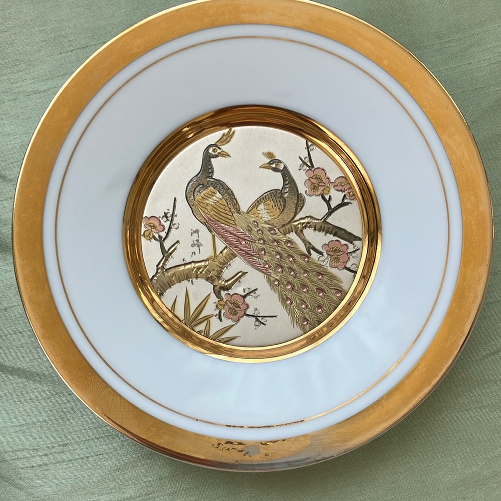 VINTAGE CHOKIN ART Elegant Gilding Gold and silver to copper White Peacock Plate